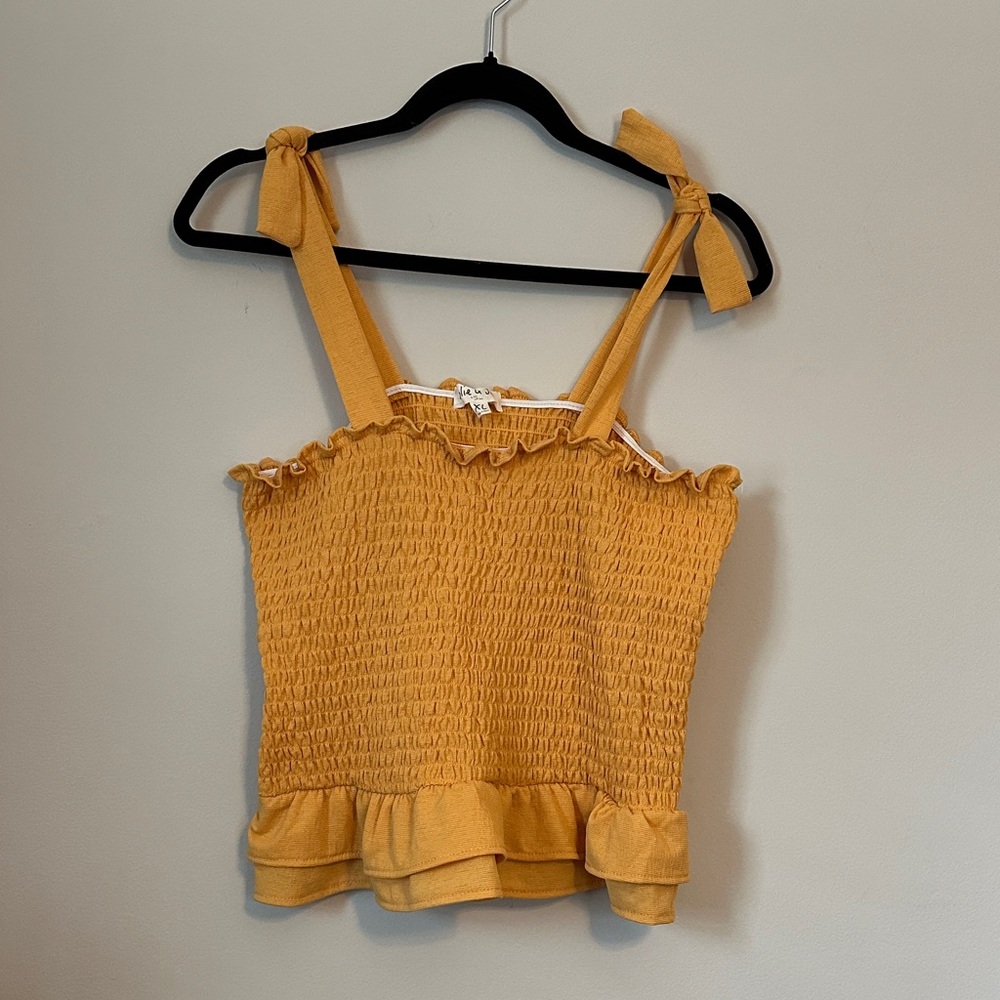 Chic Mustard Smocked Crop Top with Ruffle Straps